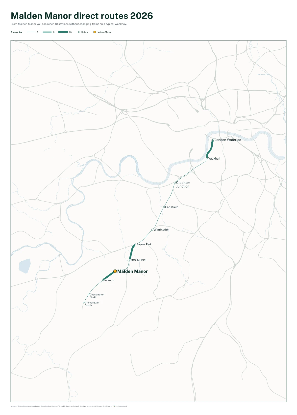 Malden Manor direct routes 2026: a map of every station you can reach from Malden Manor without changing trains, the lines thicker where more trains run