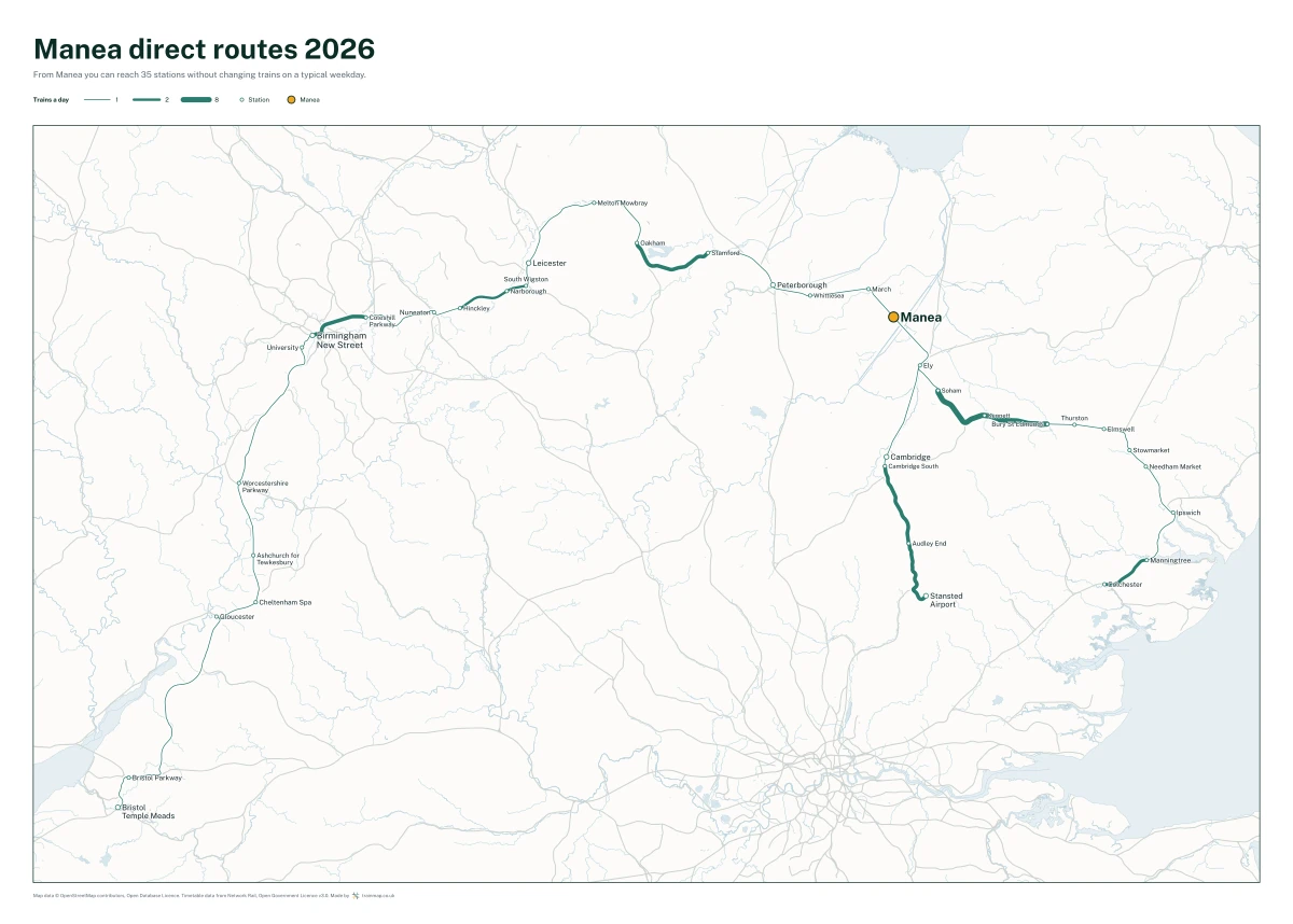 Manea direct routes 2026: a map of every station you can reach from Manea without changing trains, the lines thicker where more trains run