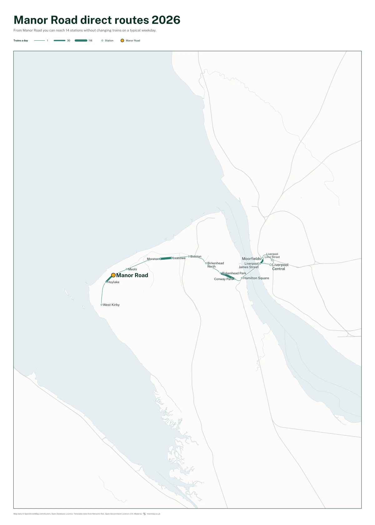 Manor Road direct routes 2026: a map of every station you can reach from Manor Road without changing trains, the lines thicker where more trains run