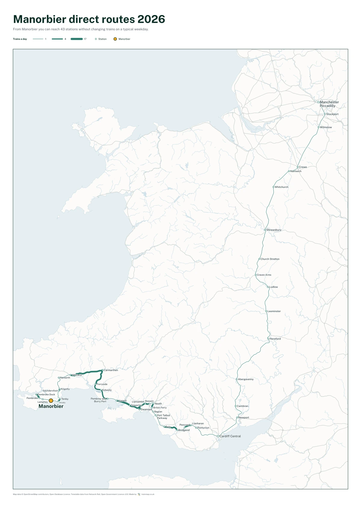 Manorbier direct routes 2026: a map of every station you can reach from Manorbier without changing trains, the lines thicker where more trains run