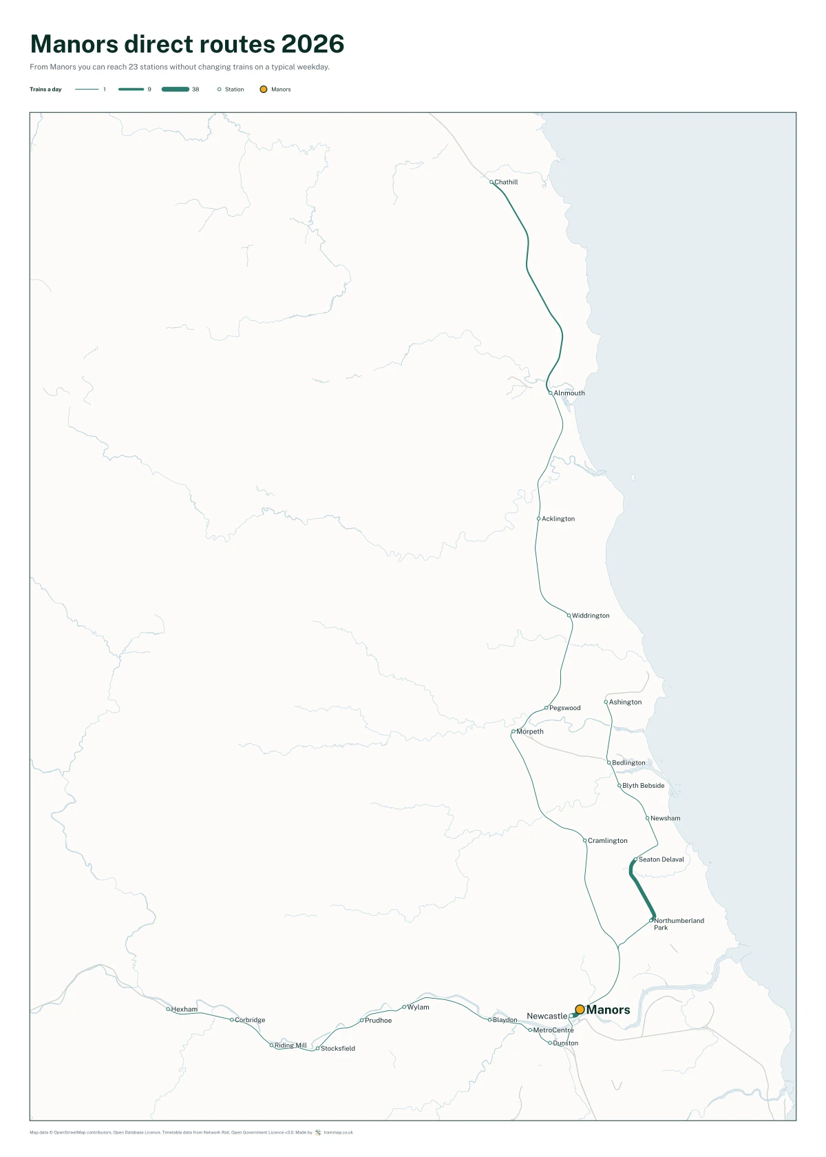 Manors direct routes 2026: a map of every station you can reach from Manors without changing trains, the lines thicker where more trains run