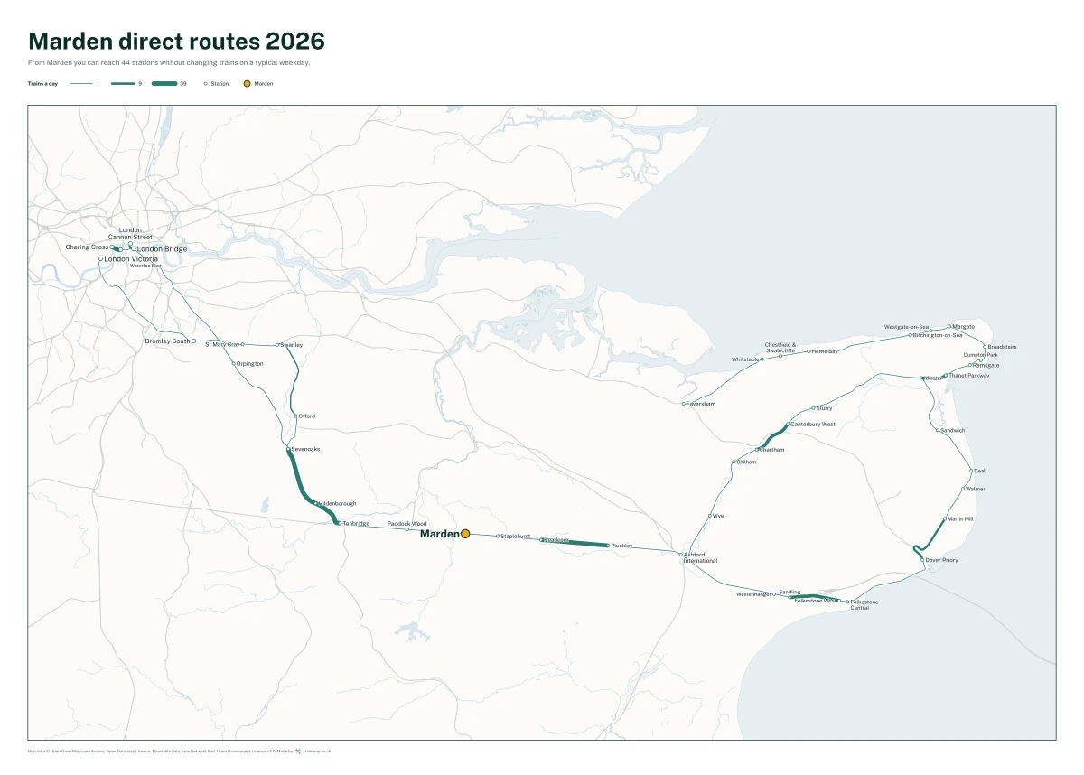 Marden direct routes 2026: a map of every station you can reach from Marden without changing trains, the lines thicker where more trains run