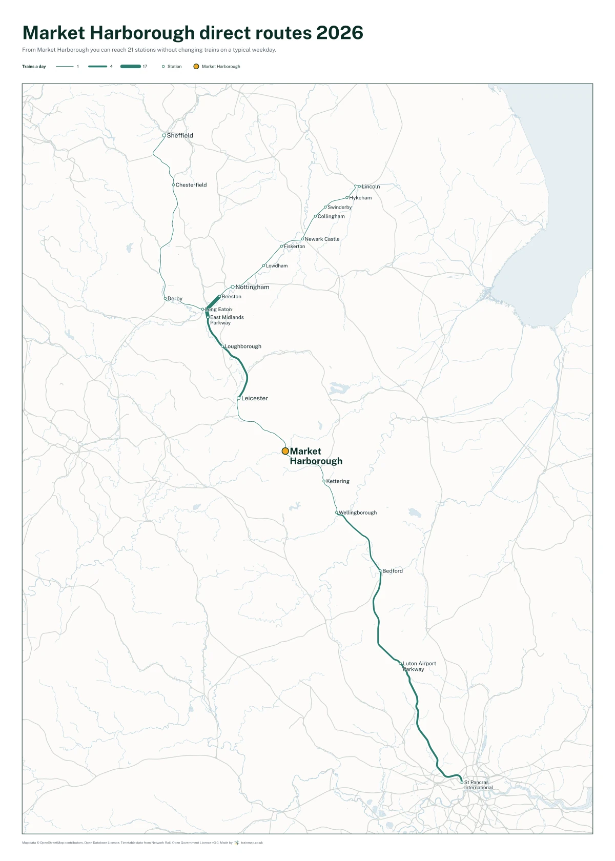 Market Harborough direct routes 2026: a map of every station you can reach from Market Harborough without changing trains, the lines thicker where more trains run