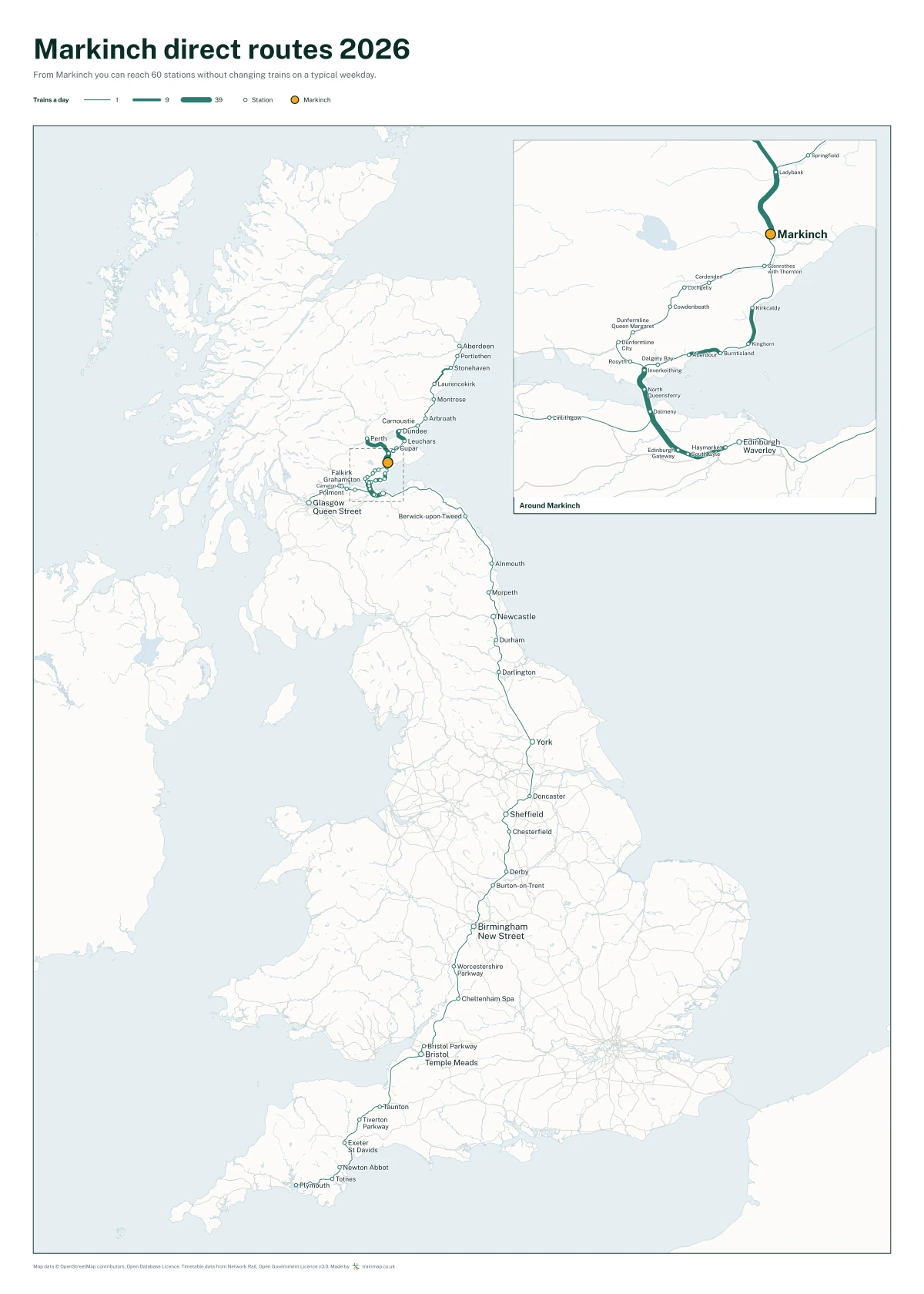 Markinch direct routes 2026: a map of every station you can reach from Markinch without changing trains, the lines thicker where more trains run