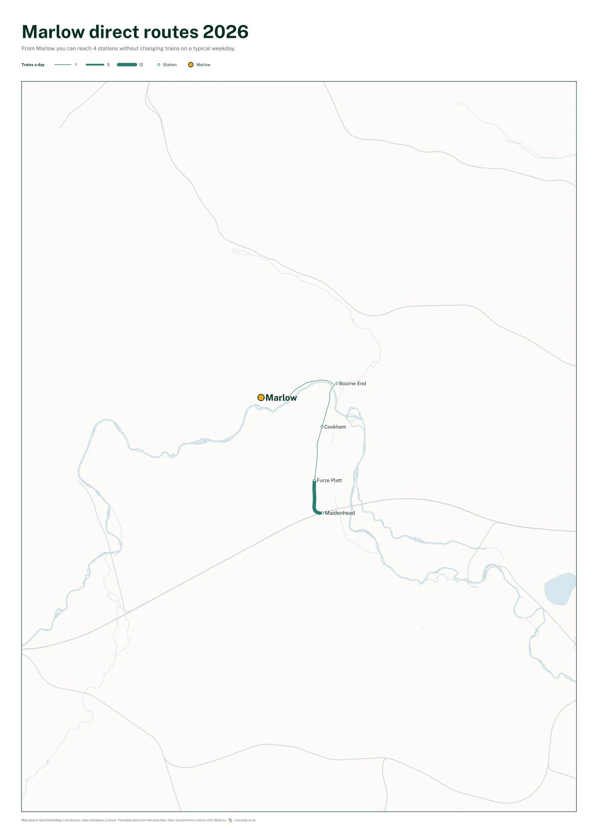 Marlow direct routes 2026: a map of every station you can reach from Marlow without changing trains, the lines thicker where more trains run