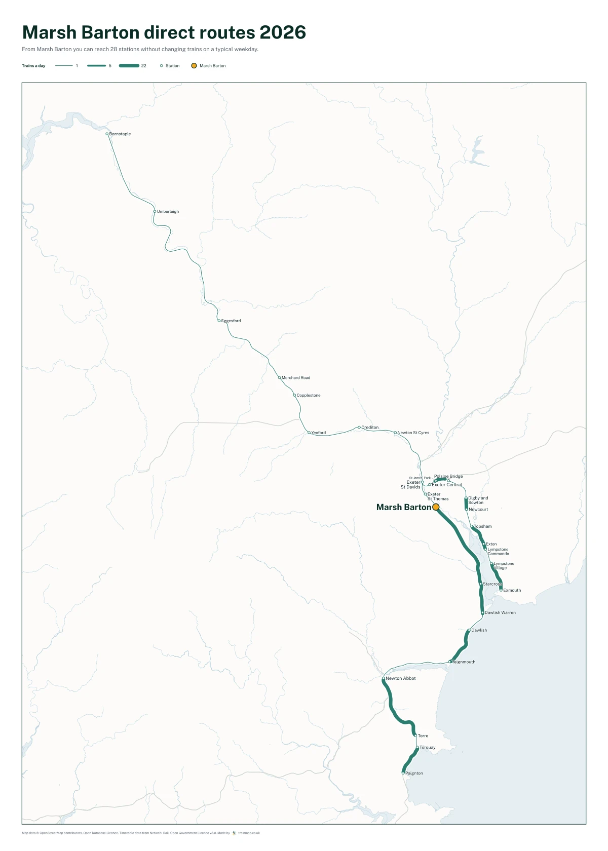 Marsh Barton direct routes 2026: a map of every station you can reach from Marsh Barton without changing trains, the lines thicker where more trains run