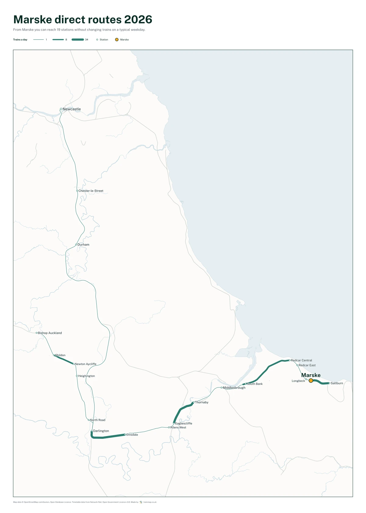 Marske direct routes 2026: a map of every station you can reach from Marske without changing trains, the lines thicker where more trains run