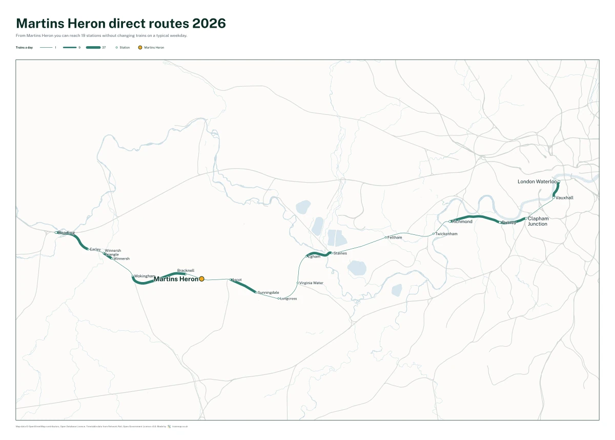 Martins Heron direct routes 2026: a map of every station you can reach from Martins Heron without changing trains, the lines thicker where more trains run