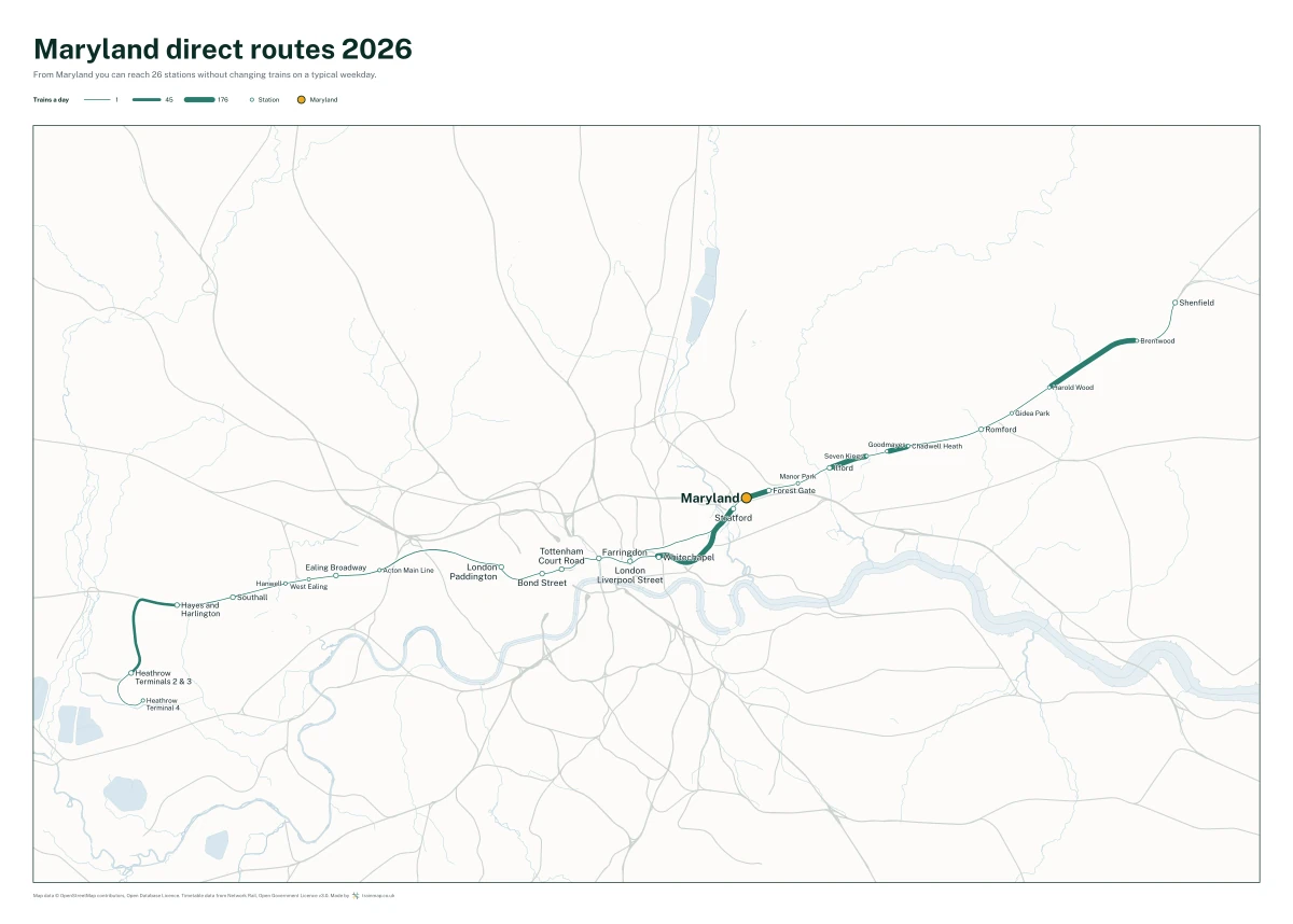 Maryland direct routes 2026: a map of every station you can reach from Maryland without changing trains, the lines thicker where more trains run