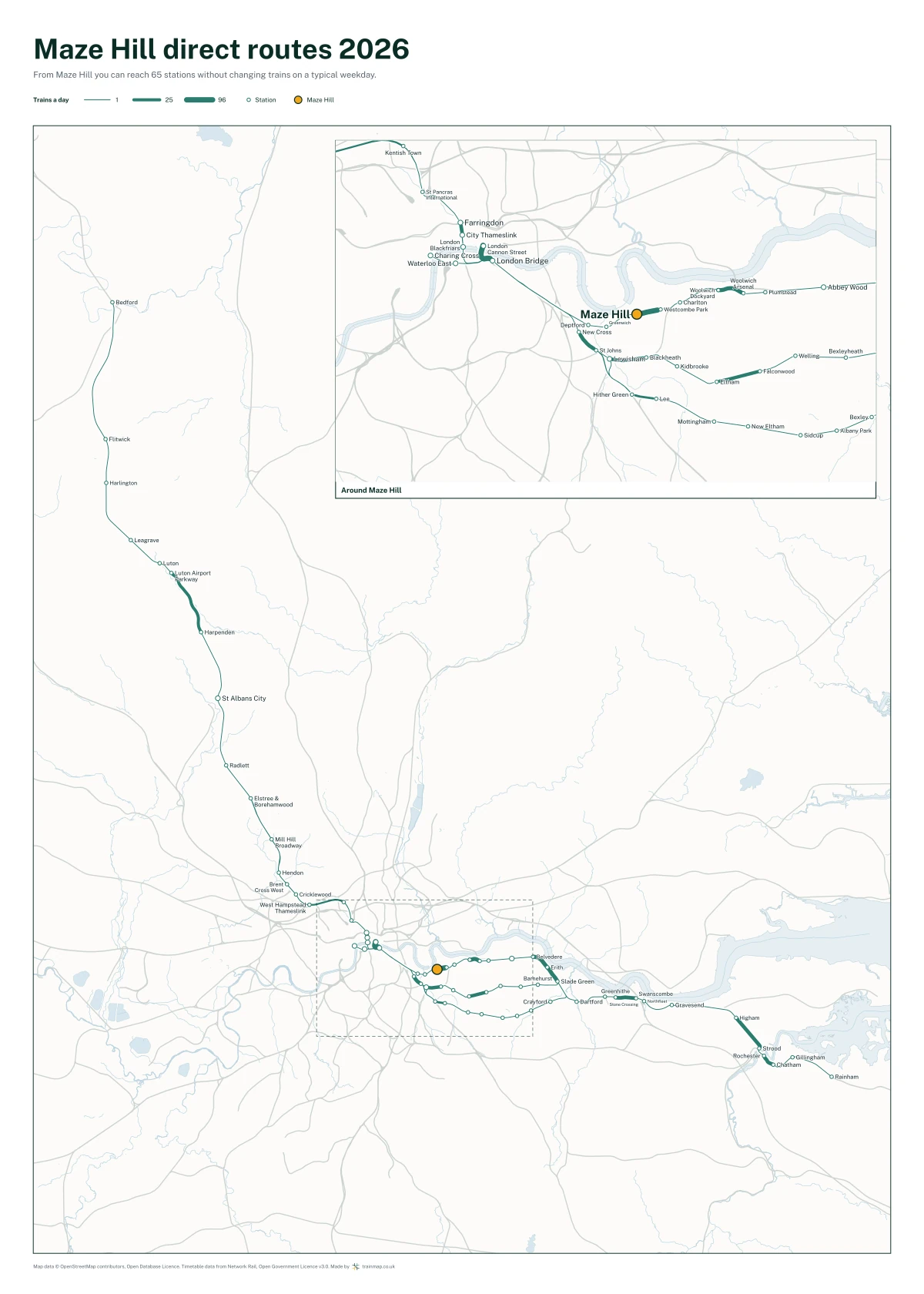 Maze Hill direct routes 2026: a map of every station you can reach from Maze Hill without changing trains, the lines thicker where more trains run