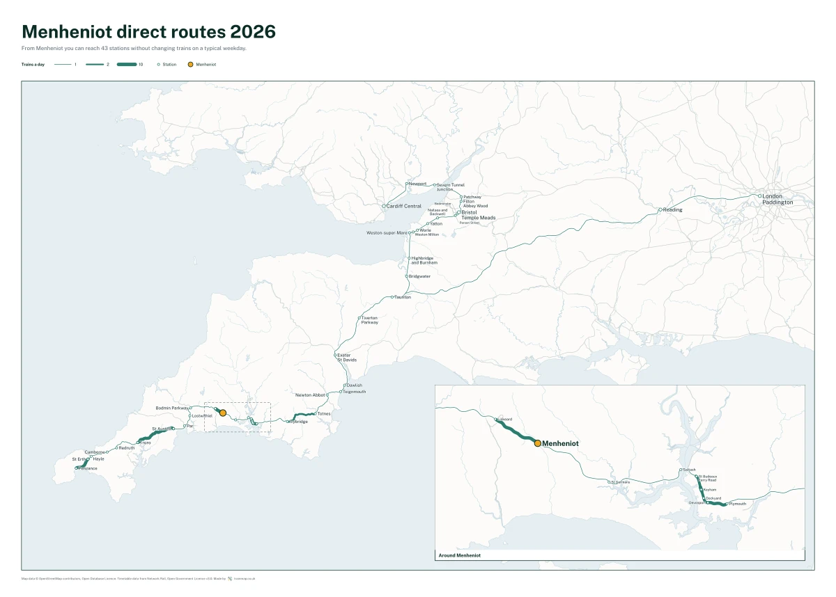 Menheniot direct routes 2026: a map of every station you can reach from Menheniot without changing trains, the lines thicker where more trains run