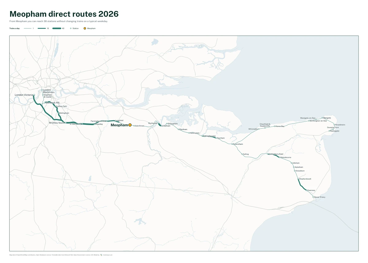 Meopham direct routes 2026: a map of every station you can reach from Meopham without changing trains, the lines thicker where more trains run