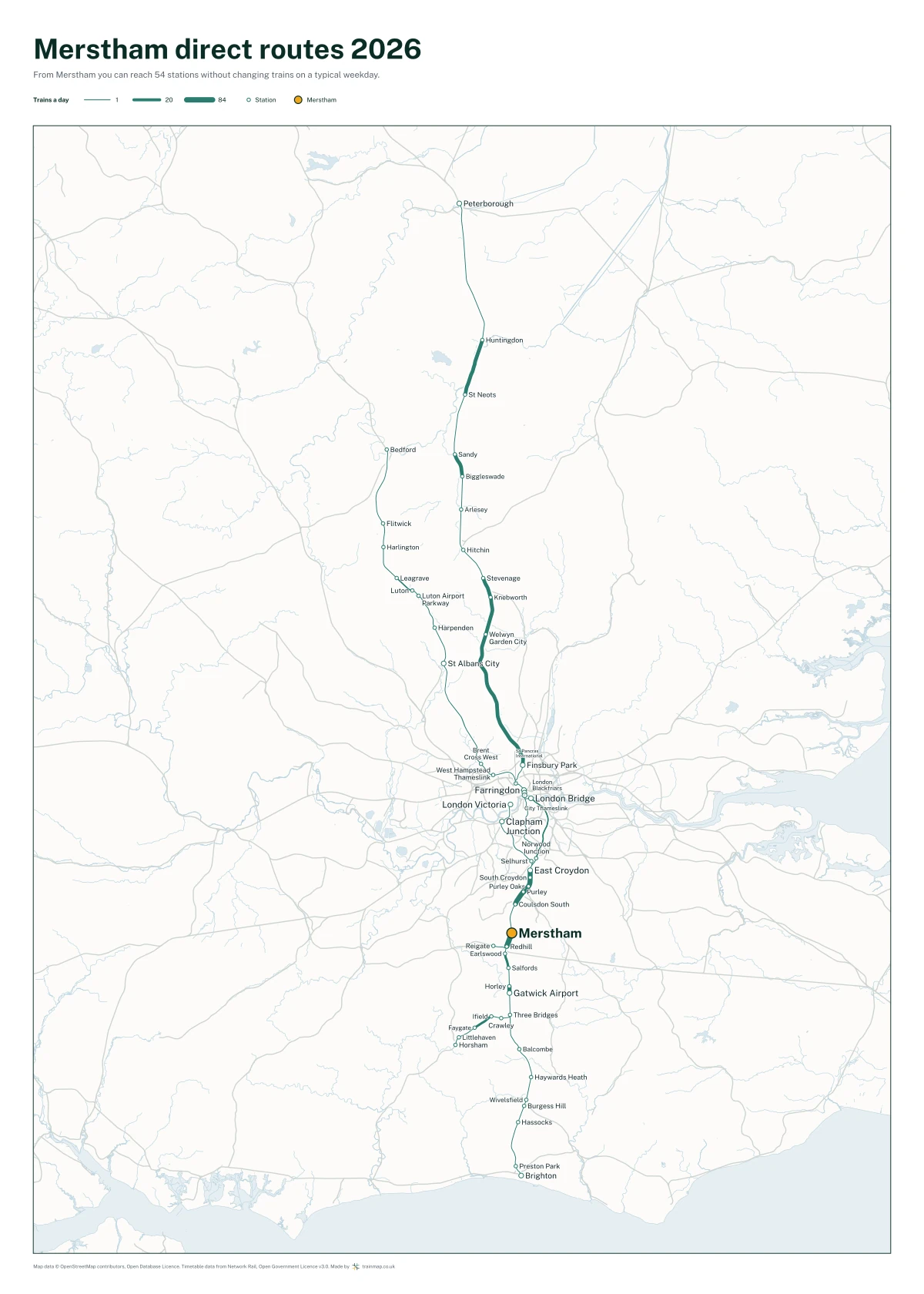 Merstham direct routes 2026: a map of every station you can reach from Merstham without changing trains, the lines thicker where more trains run
