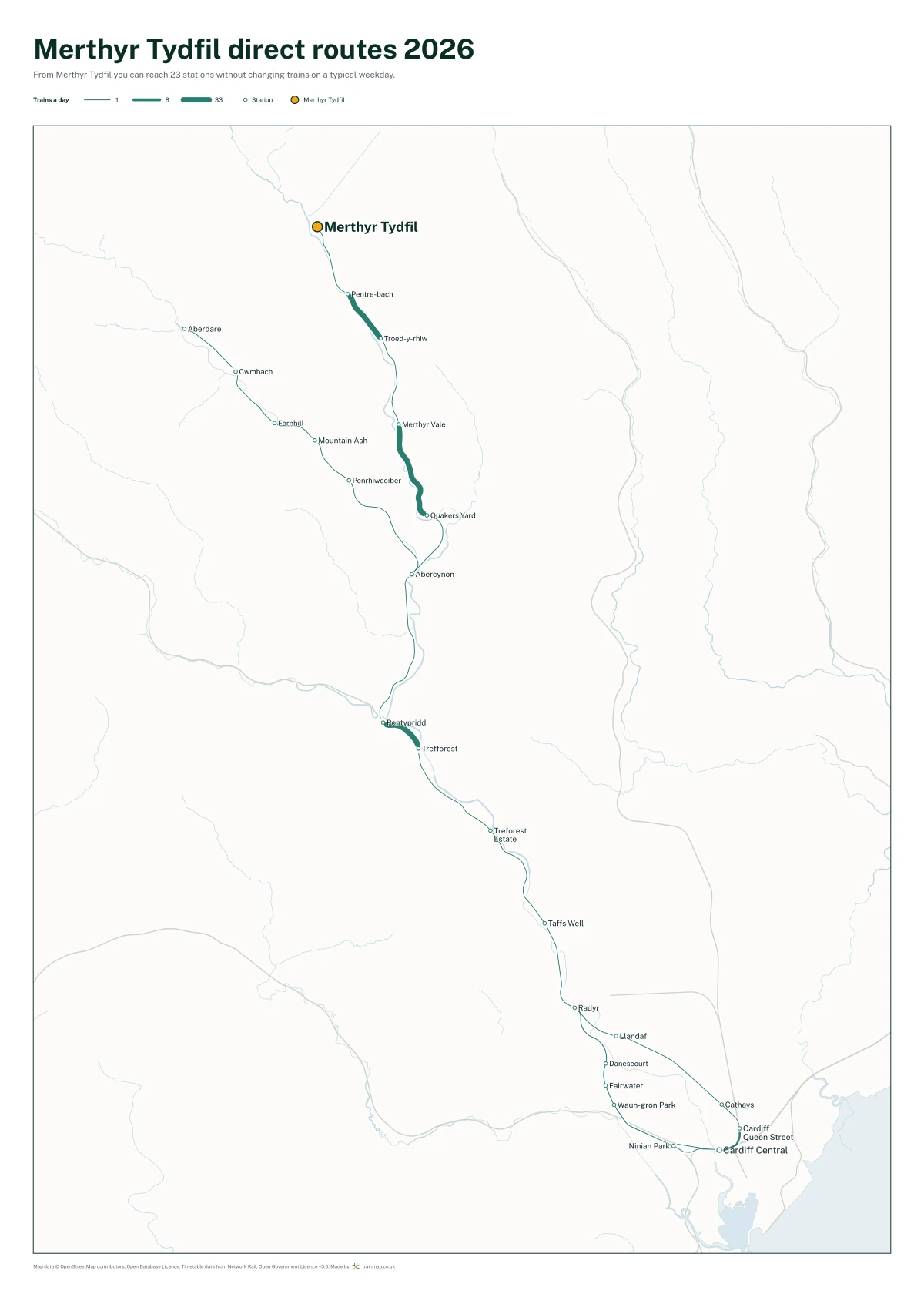 Merthyr Tydfil direct routes 2026: a map of every station you can reach from Merthyr Tydfil without changing trains, the lines thicker where more trains run