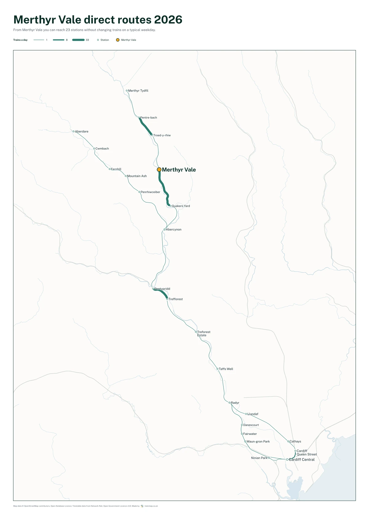 Merthyr Vale direct routes 2026: a map of every station you can reach from Merthyr Vale without changing trains, the lines thicker where more trains run