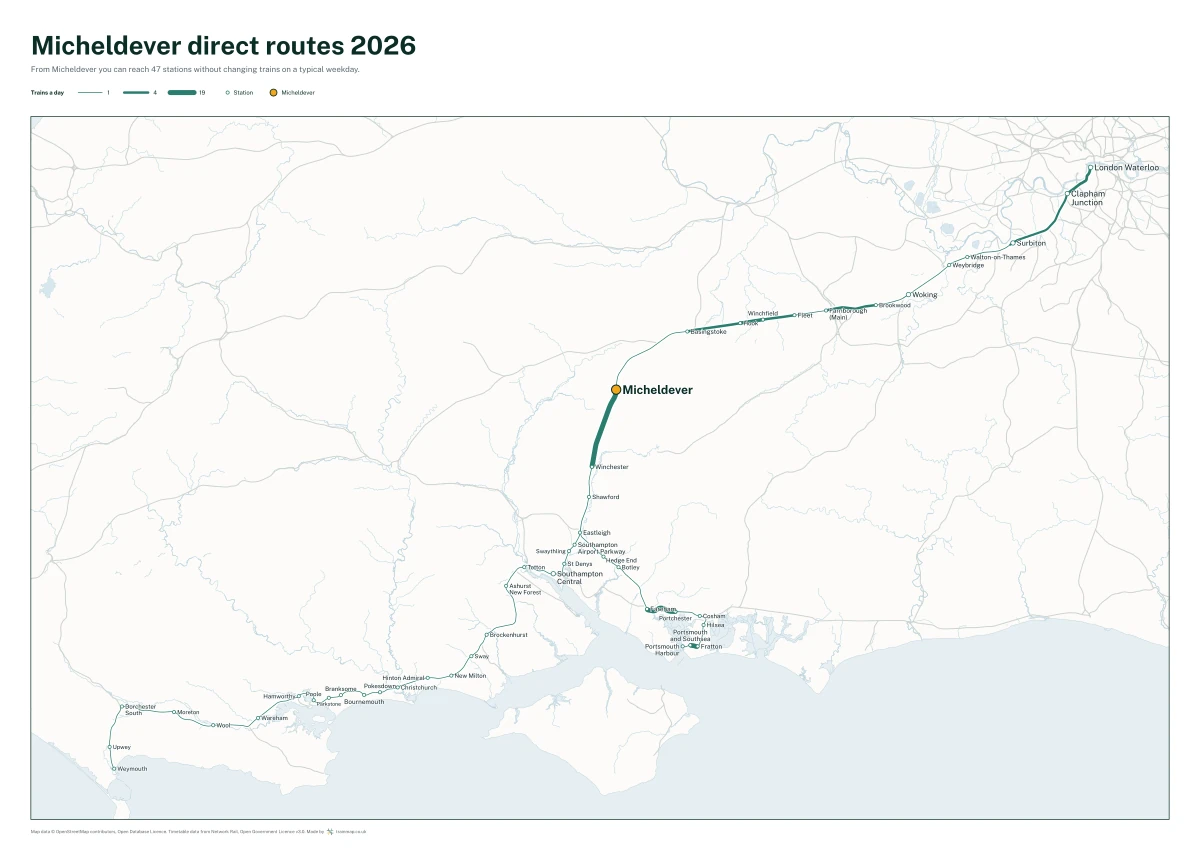 Micheldever direct routes 2026: a map of every station you can reach from Micheldever without changing trains, the lines thicker where more trains run