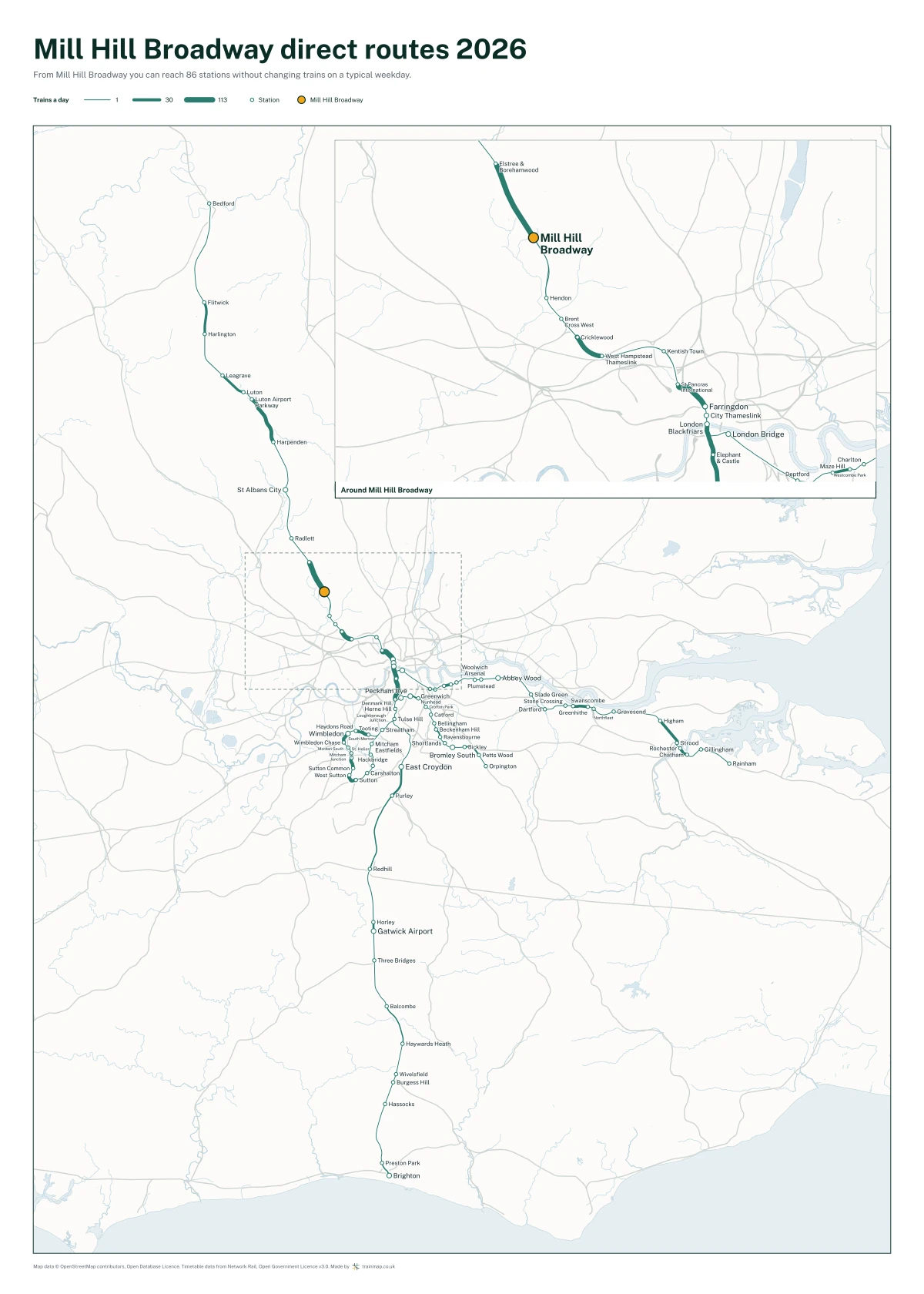 Mill Hill Broadway direct routes 2026: a map of every station you can reach from Mill Hill Broadway without changing trains, the lines thicker where more trains run
