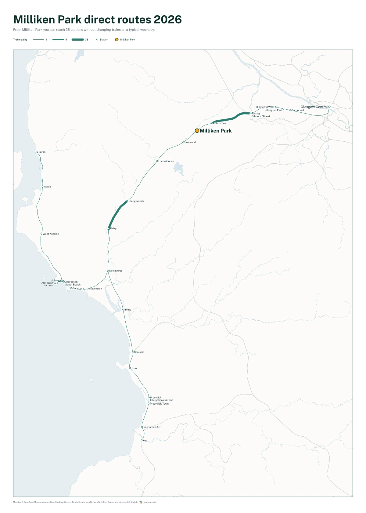 Milliken Park direct routes 2026: a map of every station you can reach from Milliken Park without changing trains, the lines thicker where more trains run
