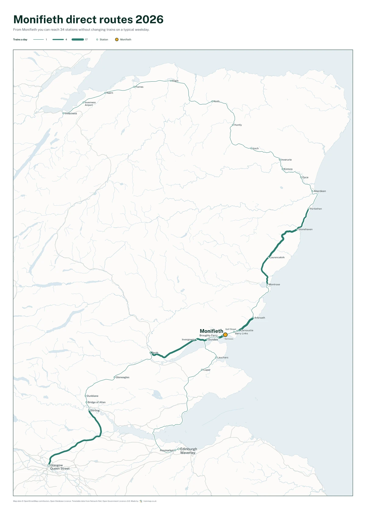 Monifieth direct routes 2026: a map of every station you can reach from Monifieth without changing trains, the lines thicker where more trains run