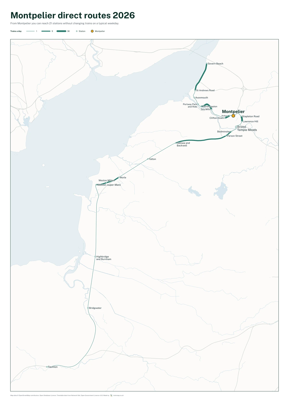 Montpelier direct routes 2026: a map of every station you can reach from Montpelier without changing trains, the lines thicker where more trains run