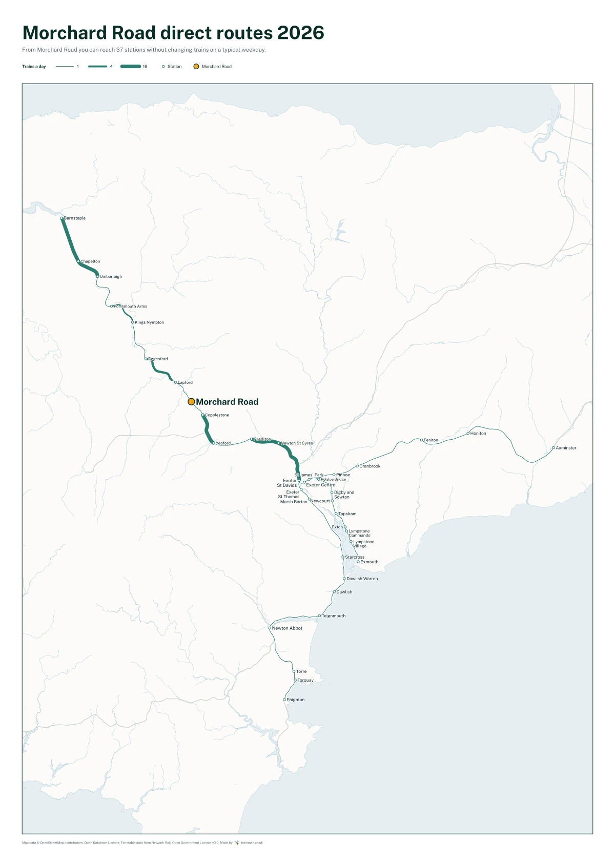 Morchard Road direct routes 2026: a map of every station you can reach from Morchard Road without changing trains, the lines thicker where more trains run