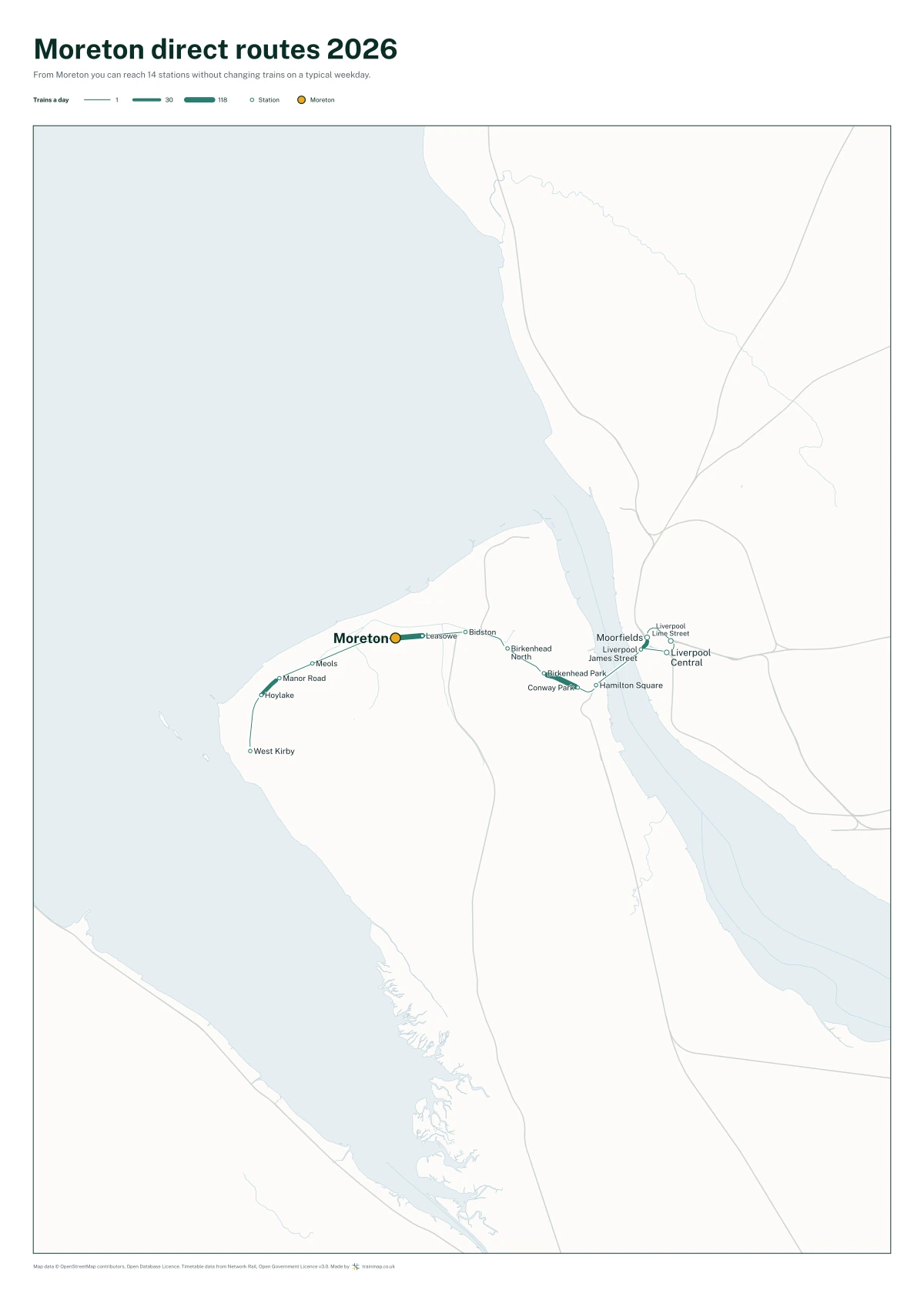 Moreton (Merseyside) direct routes 2026: a map of every station you can reach from Moreton (Merseyside) without changing trains, the lines thicker where more trains run