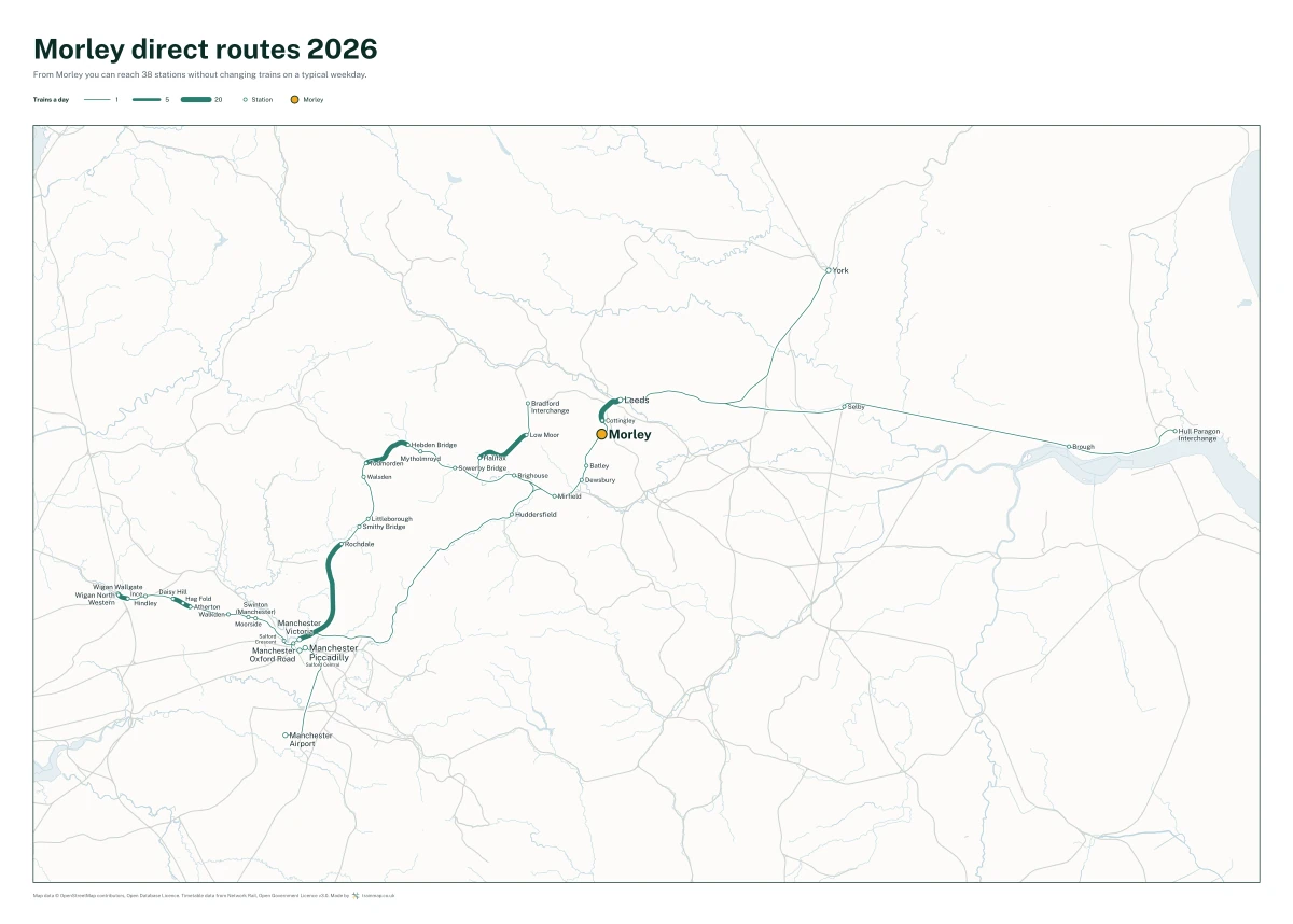 Morley direct routes 2026: a map of every station you can reach from Morley without changing trains, the lines thicker where more trains run