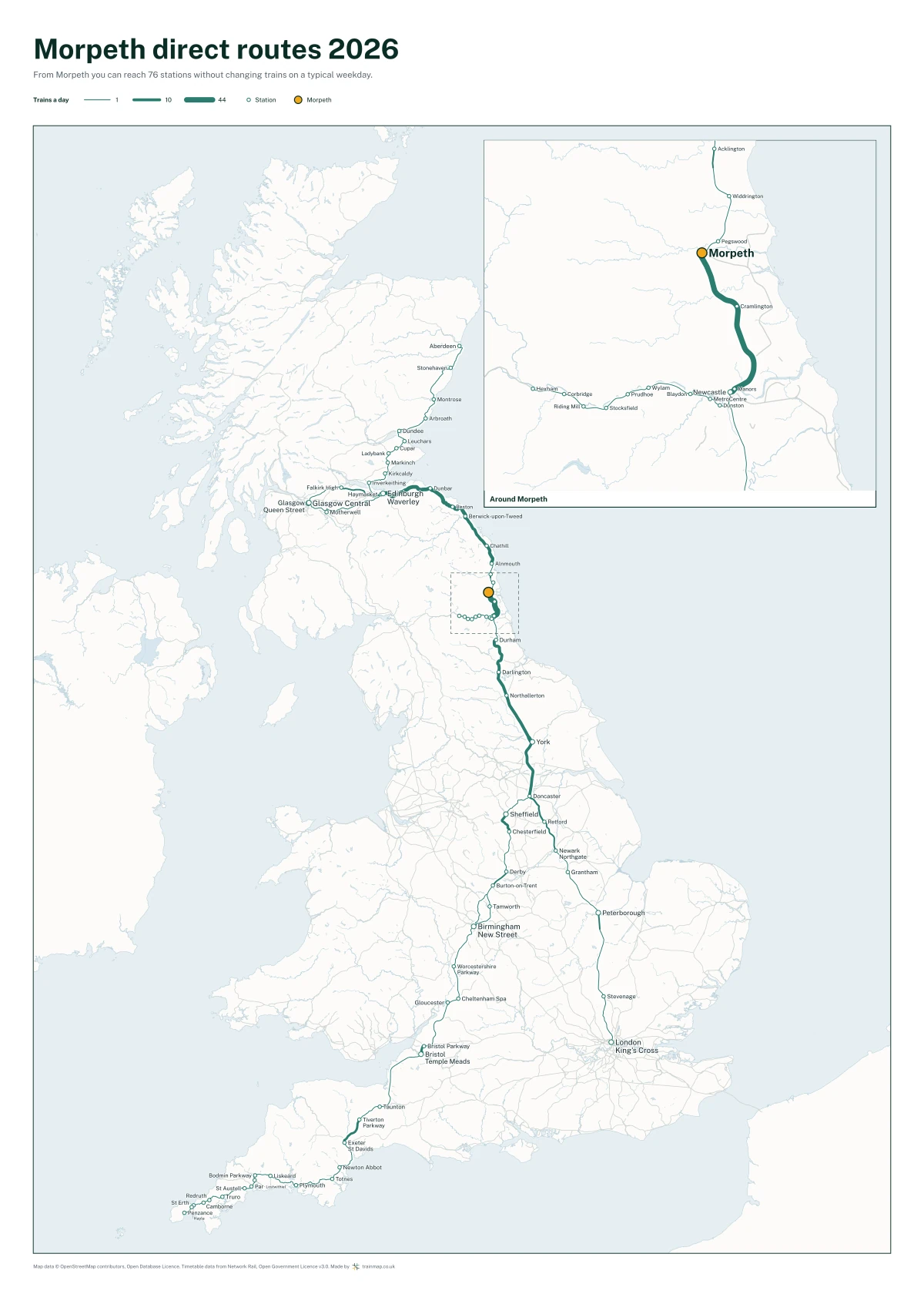 Morpeth direct routes 2026: a map of every station you can reach from Morpeth without changing trains, the lines thicker where more trains run