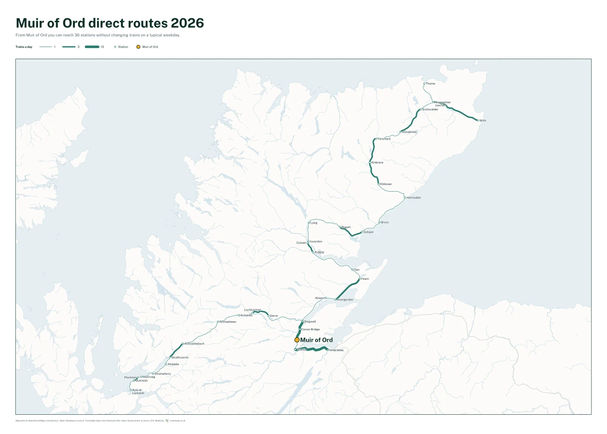 Muir of Ord direct routes 2026: a map of every station you can reach from Muir of Ord without changing trains, the lines thicker where more trains run