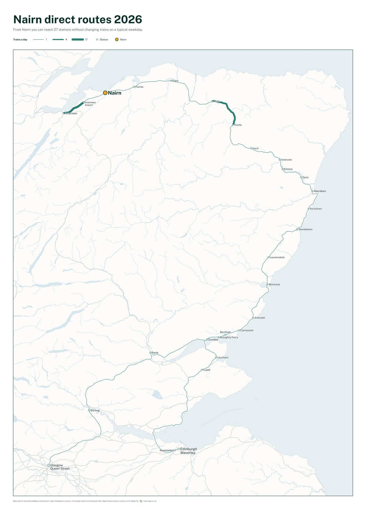 Nairn direct routes 2026: a map of every station you can reach from Nairn without changing trains, the lines thicker where more trains run