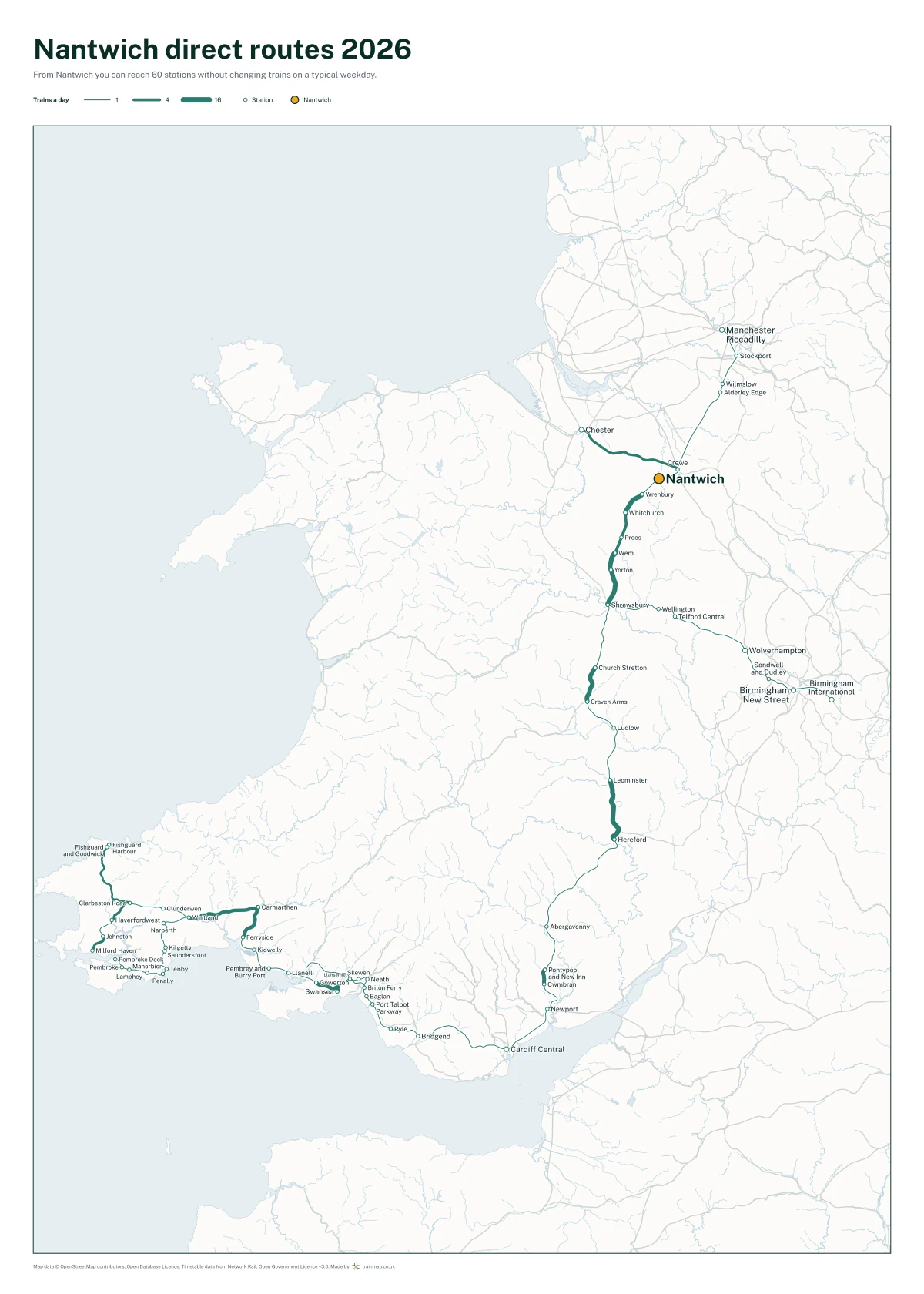 Nantwich direct routes 2026: a map of every station you can reach from Nantwich without changing trains, the lines thicker where more trains run