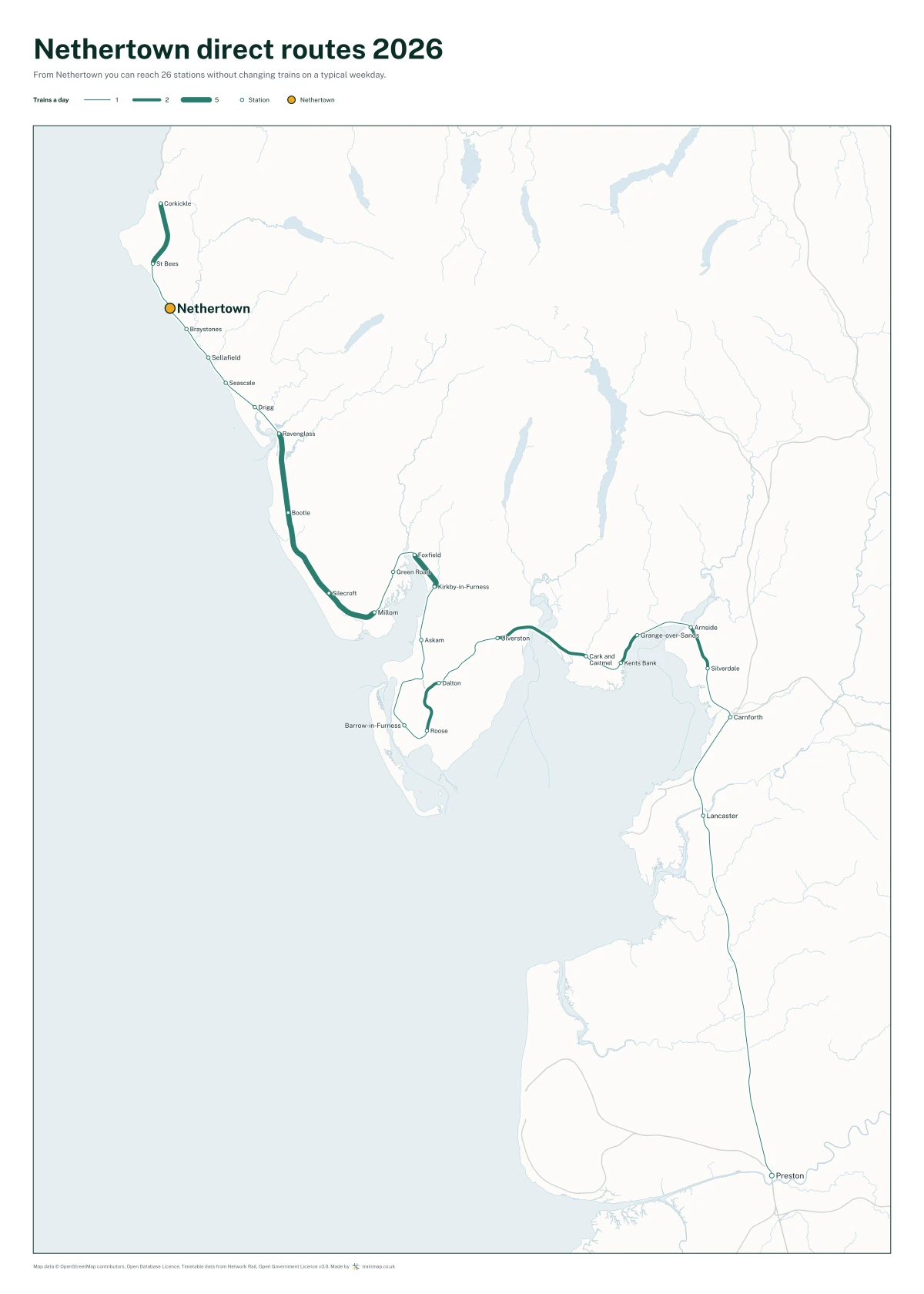 Nethertown direct routes 2026: a map of every station you can reach from Nethertown without changing trains, the lines thicker where more trains run