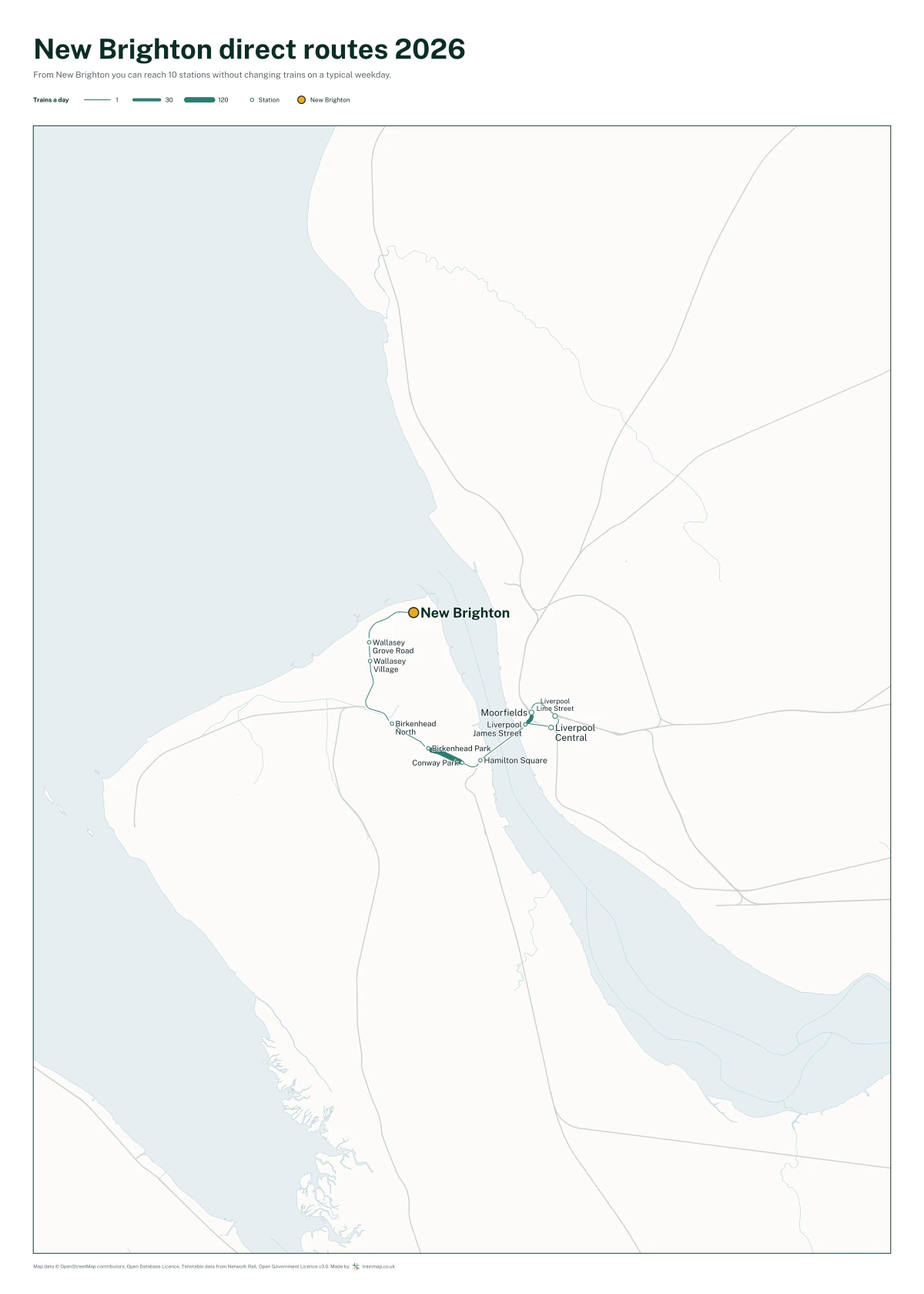 New Brighton direct routes 2026: a map of every station you can reach from New Brighton without changing trains, the lines thicker where more trains run