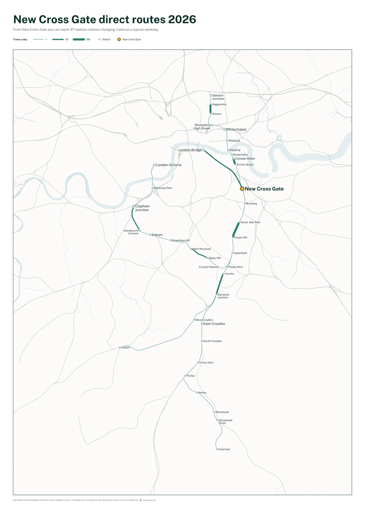 New Cross Gate direct routes 2026: a map of every station you can reach from New Cross Gate without changing trains, the lines thicker where more trains run
