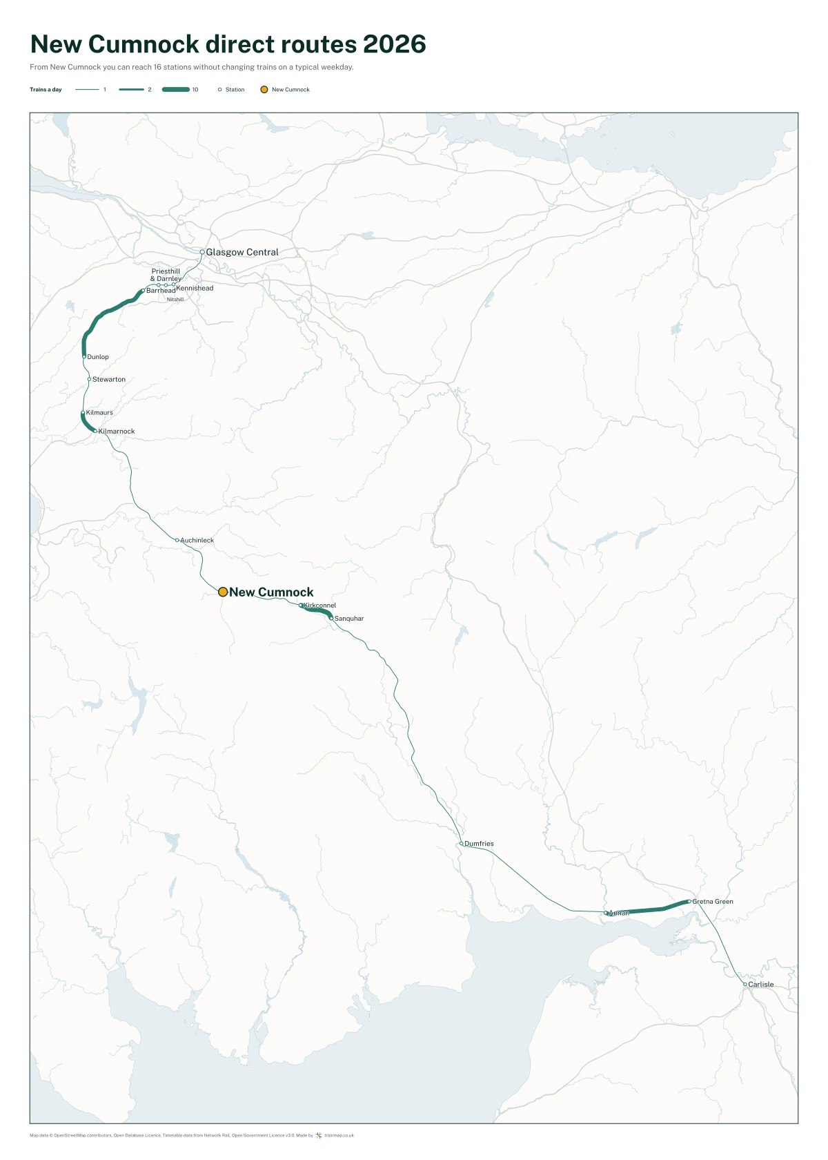 New Cumnock direct routes 2026: a map of every station you can reach from New Cumnock without changing trains, the lines thicker where more trains run