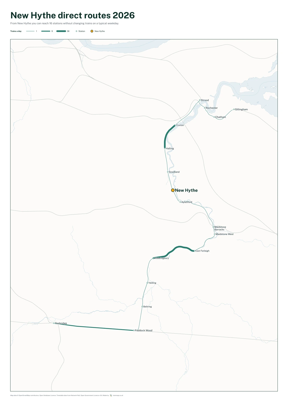 New Hythe direct routes 2026: a map of every station you can reach from New Hythe without changing trains, the lines thicker where more trains run