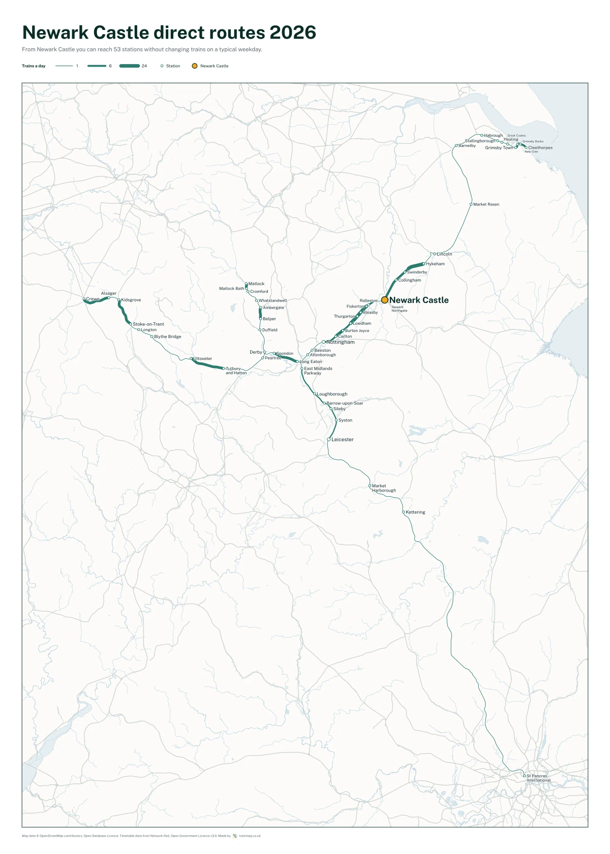 Newark Castle direct routes 2026: a map of every station you can reach from Newark Castle without changing trains, the lines thicker where more trains run