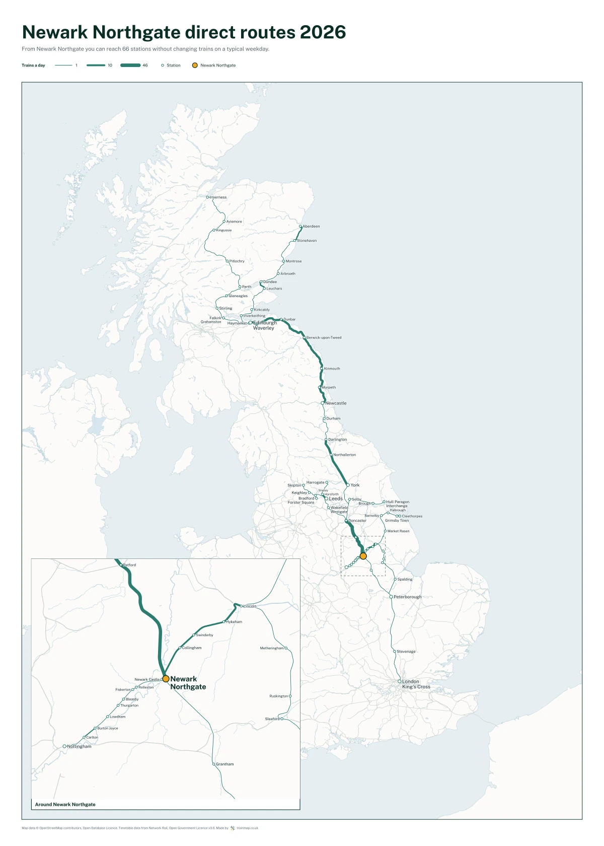Newark Northgate direct routes 2026: a map of every station you can reach from Newark Northgate without changing trains, the lines thicker where more trains run