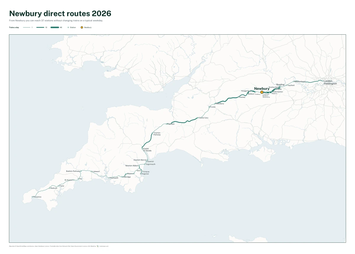 Newbury direct routes 2026: a map of every station you can reach from Newbury without changing trains, the lines thicker where more trains run