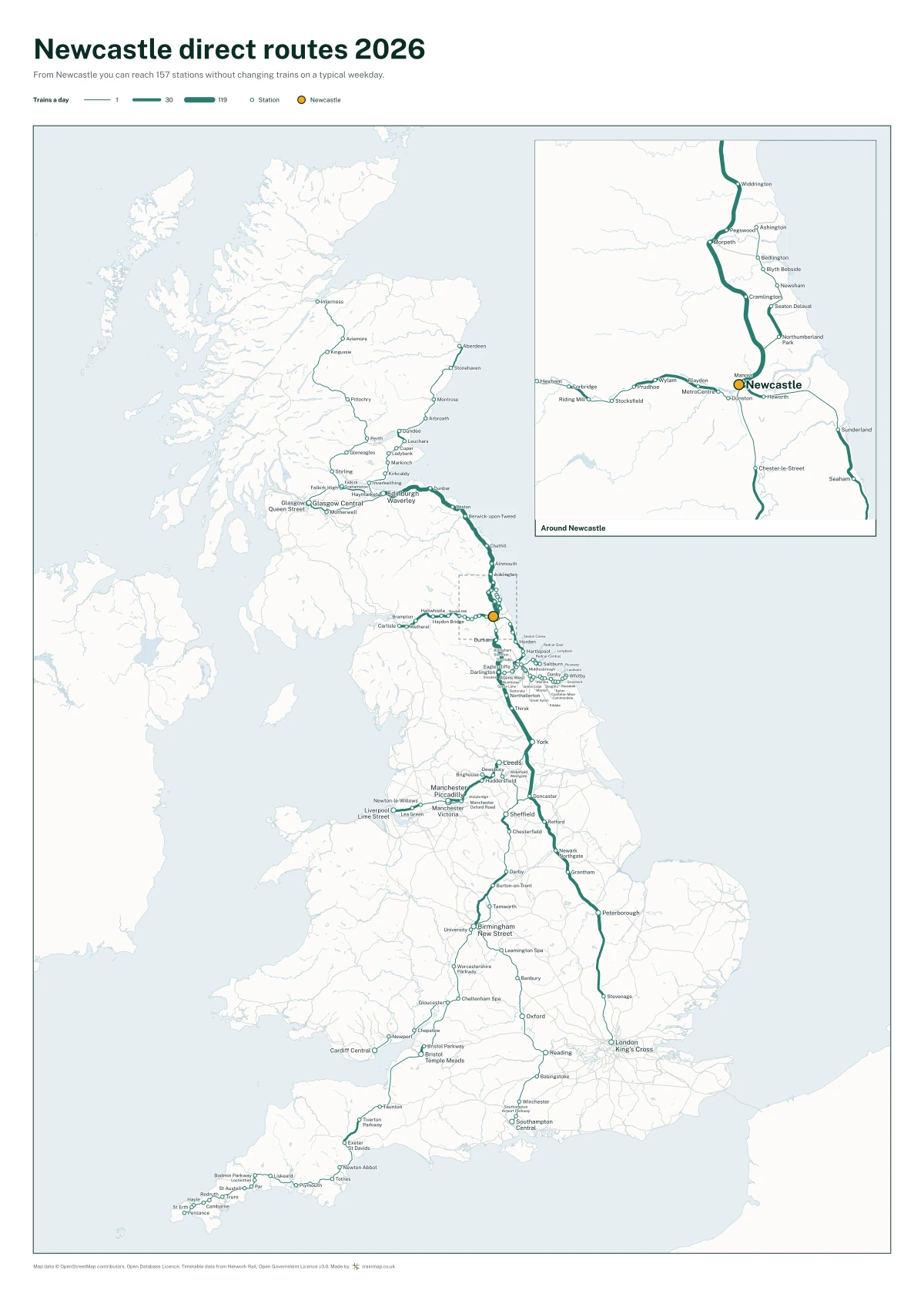 Newcastle direct routes 2026: a map of every station you can reach from Newcastle without changing trains, the lines thicker where more trains run