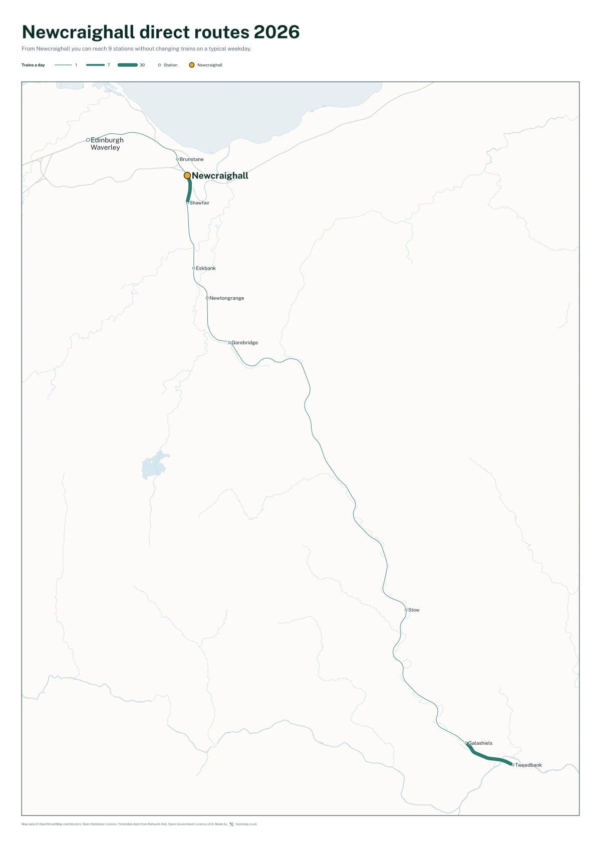 Newcraighall direct routes 2026: a map of every station you can reach from Newcraighall without changing trains, the lines thicker where more trains run