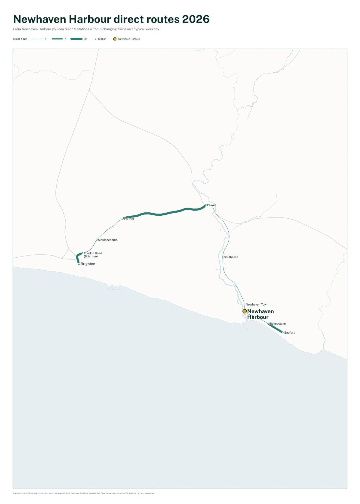 Newhaven Harbour direct routes 2026: a map of every station you can reach from Newhaven Harbour without changing trains, the lines thicker where more trains run