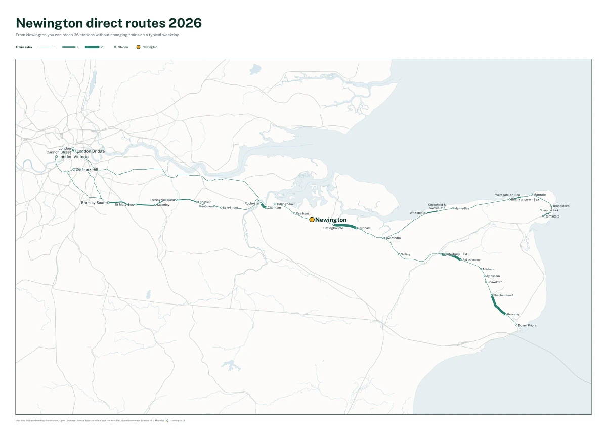 Newington direct routes 2026: a map of every station you can reach from Newington without changing trains, the lines thicker where more trains run