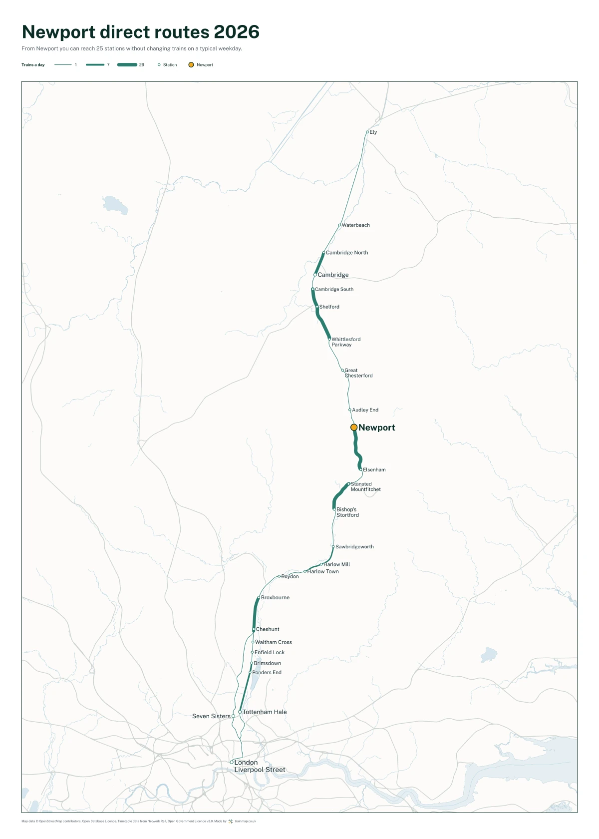 Newport (Essex) direct routes 2026: a map of every station you can reach from Newport (Essex) without changing trains, the lines thicker where more trains run