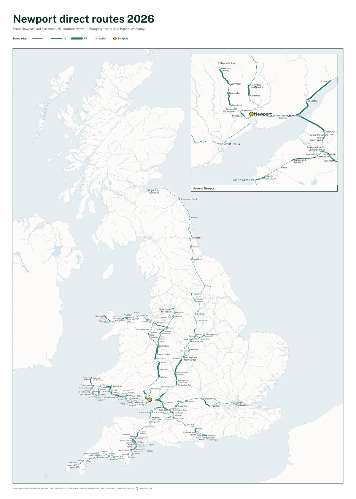 Newport (South Wales) direct routes 2026: a map of every station you can reach from Newport (South Wales) without changing trains, the lines thicker where more trains run