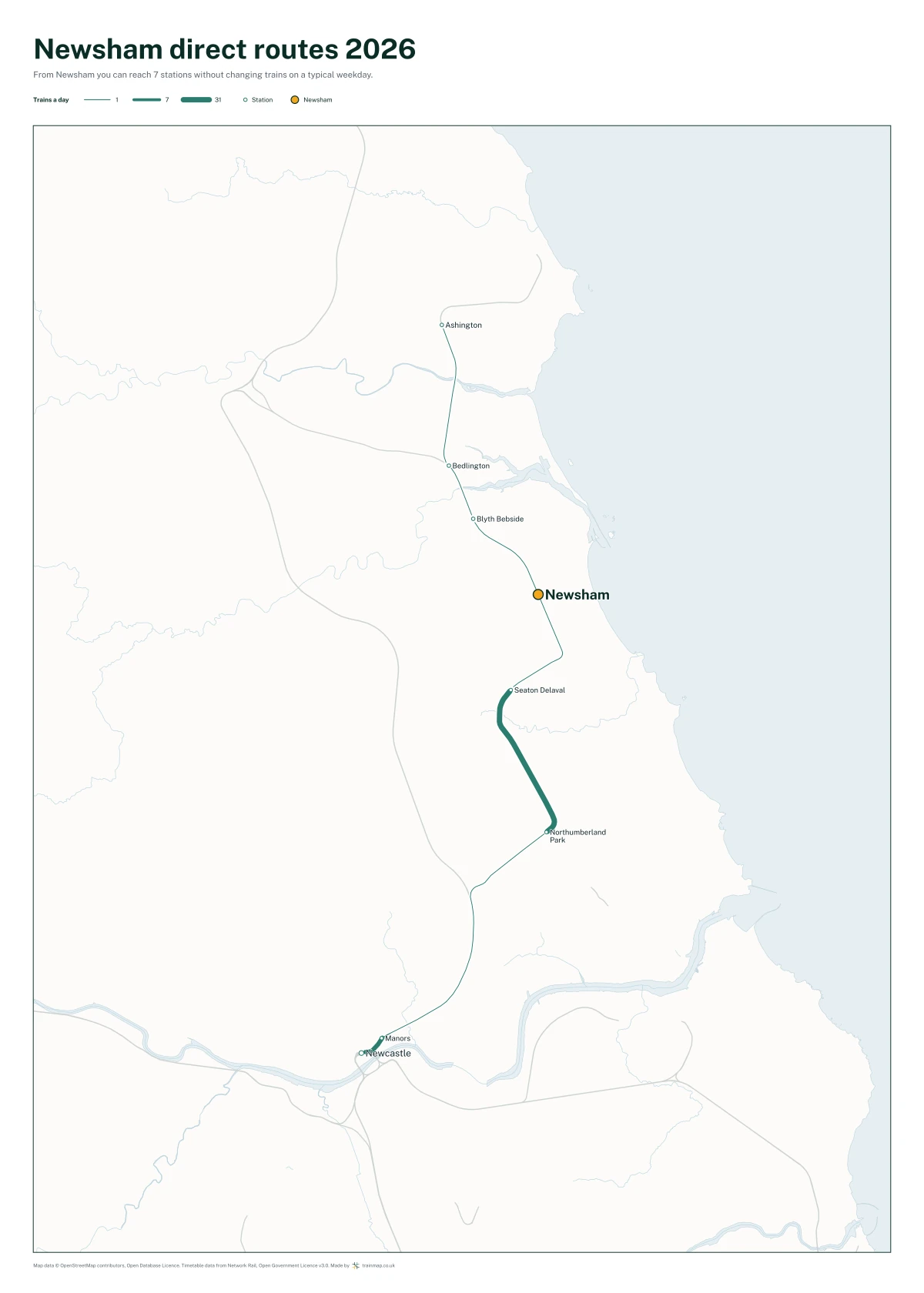 Newsham direct routes 2026: a map of every station you can reach from Newsham without changing trains, the lines thicker where more trains run