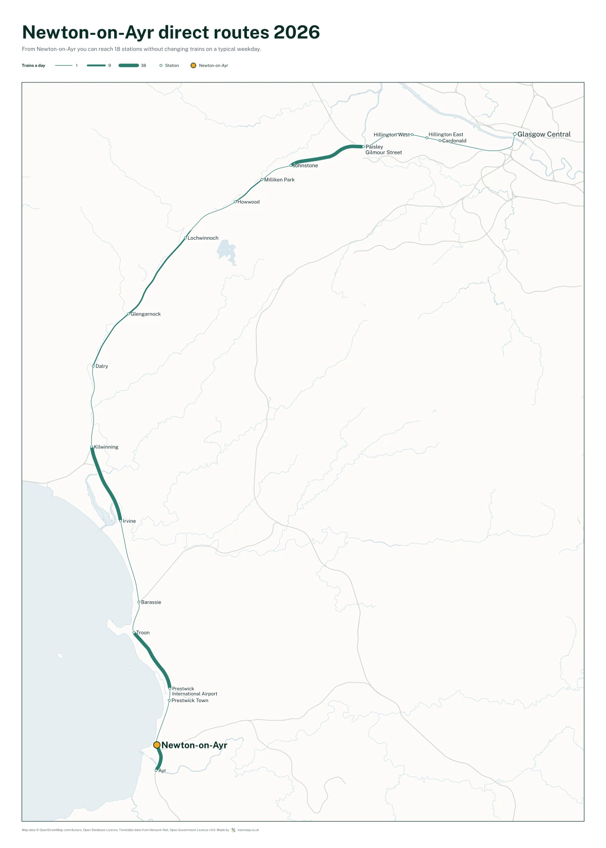 Newton-on-Ayr direct routes 2026: a map of every station you can reach from Newton-on-Ayr without changing trains, the lines thicker where more trains run
