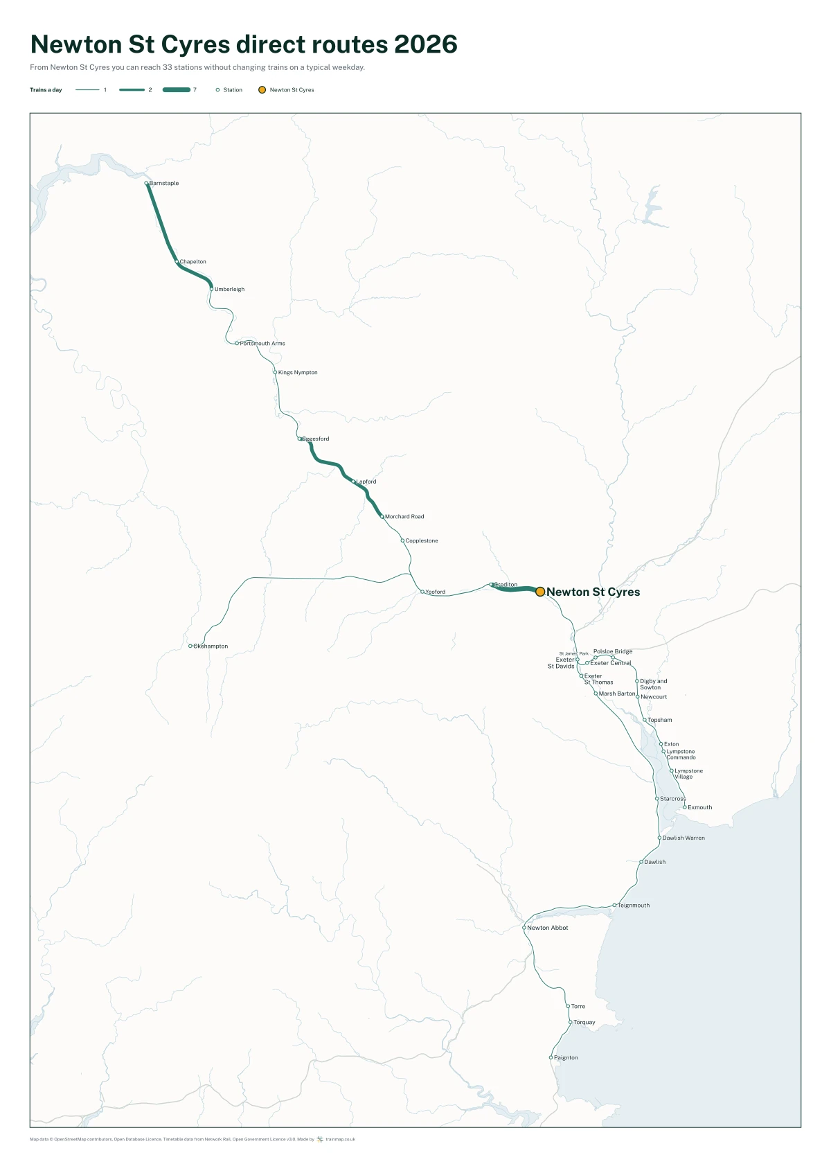 Newton St Cyres direct routes 2026: a map of every station you can reach from Newton St Cyres without changing trains, the lines thicker where more trains run