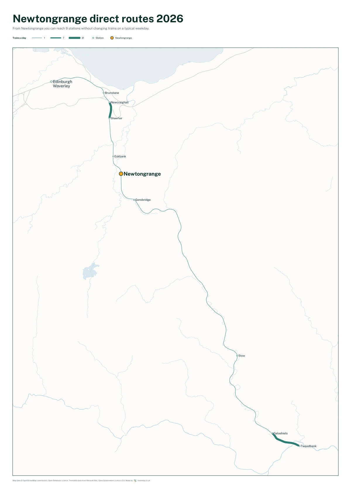 Newtongrange direct routes 2026: a map of every station you can reach from Newtongrange without changing trains, the lines thicker where more trains run