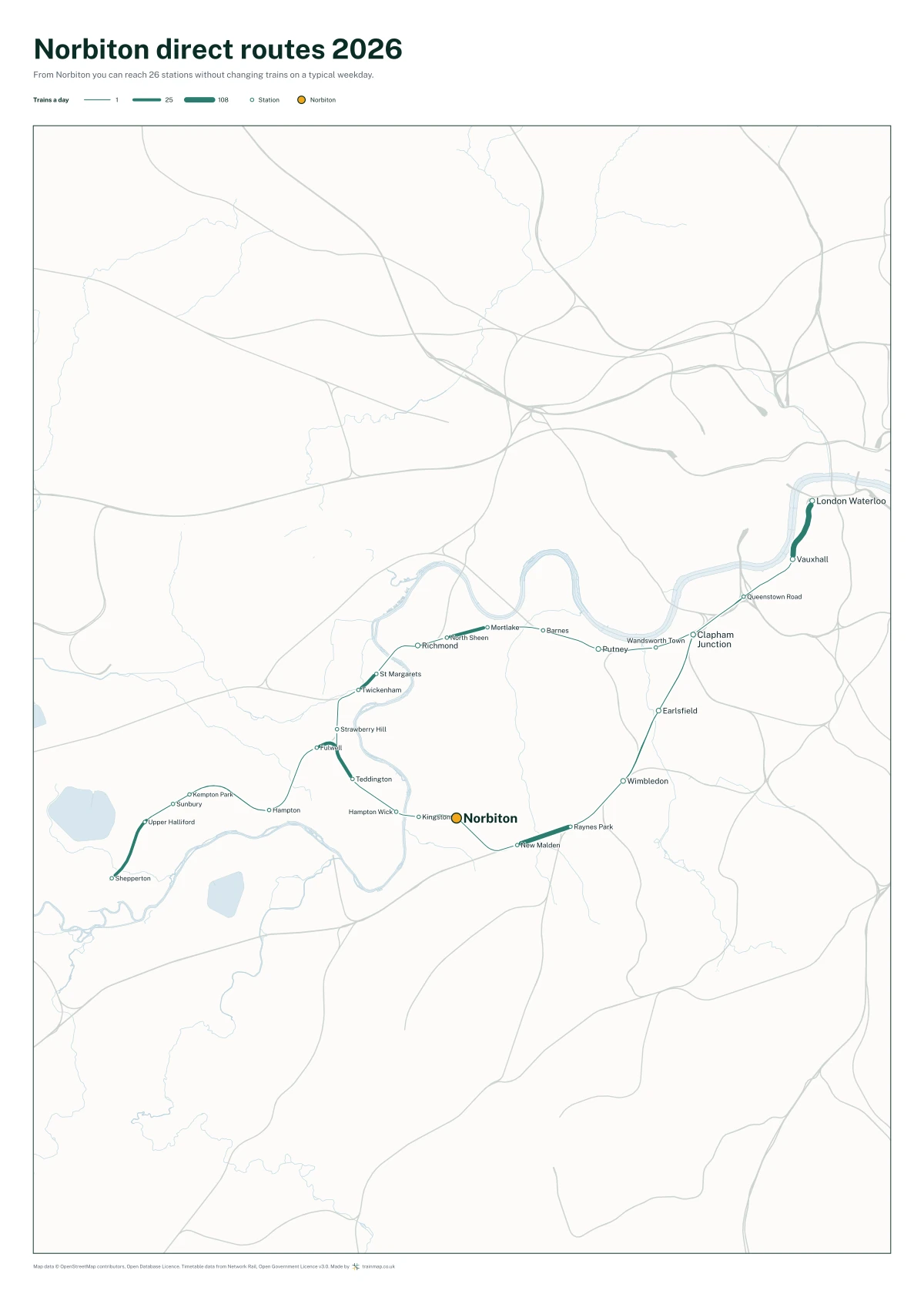Norbiton direct routes 2026: a map of every station you can reach from Norbiton without changing trains, the lines thicker where more trains run